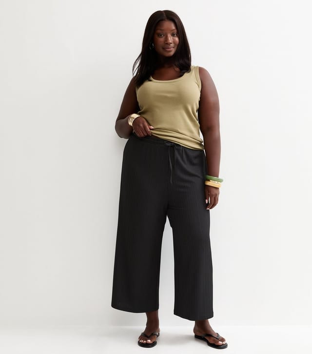 New Look Women's Plus Size Black Ribbed Drawstring Cropped Trousers Curves New Look - 3