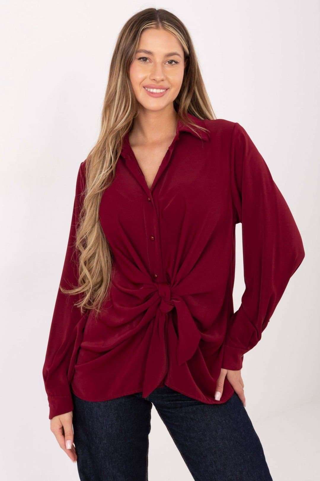 Love Lace Love Lace Women's Classic Long Sleeve Tie Front Blouse in Red
