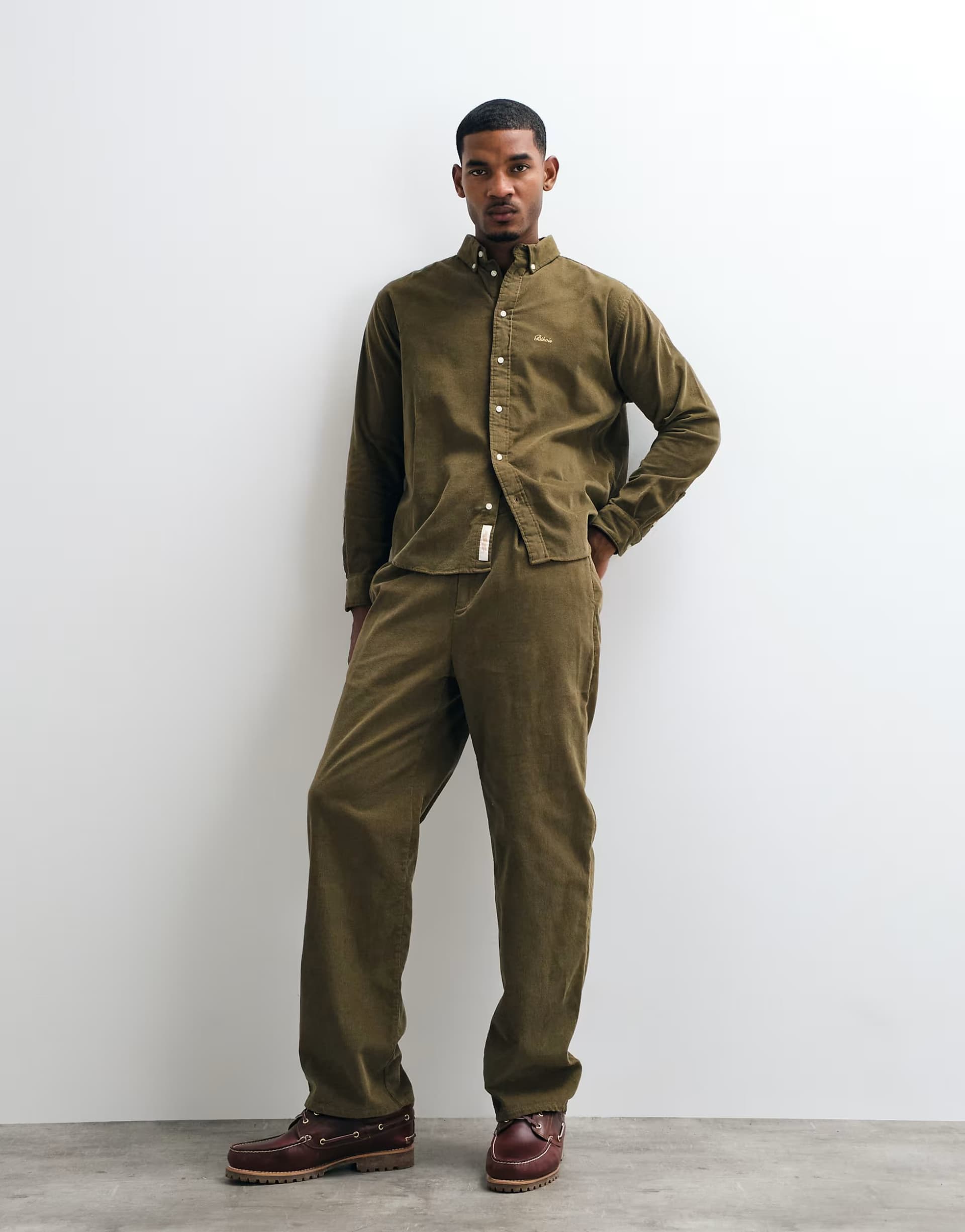 ASOS BLKVIS script logo relaxed fit corduroy trousers co-ord in olive green