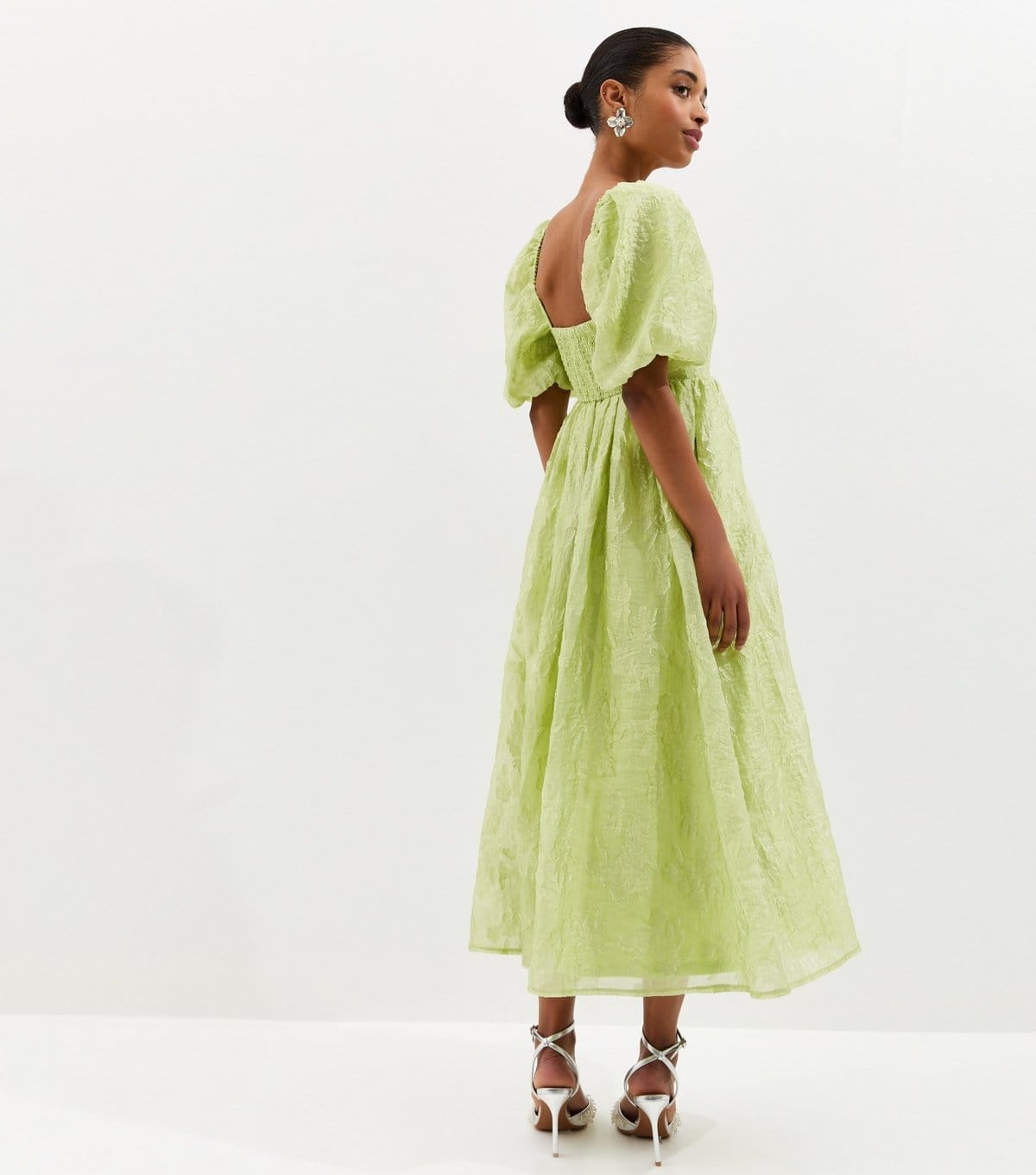 New Look Women's Light Green Glitter Clipped Milkmaid Midi Dress New Look - 4