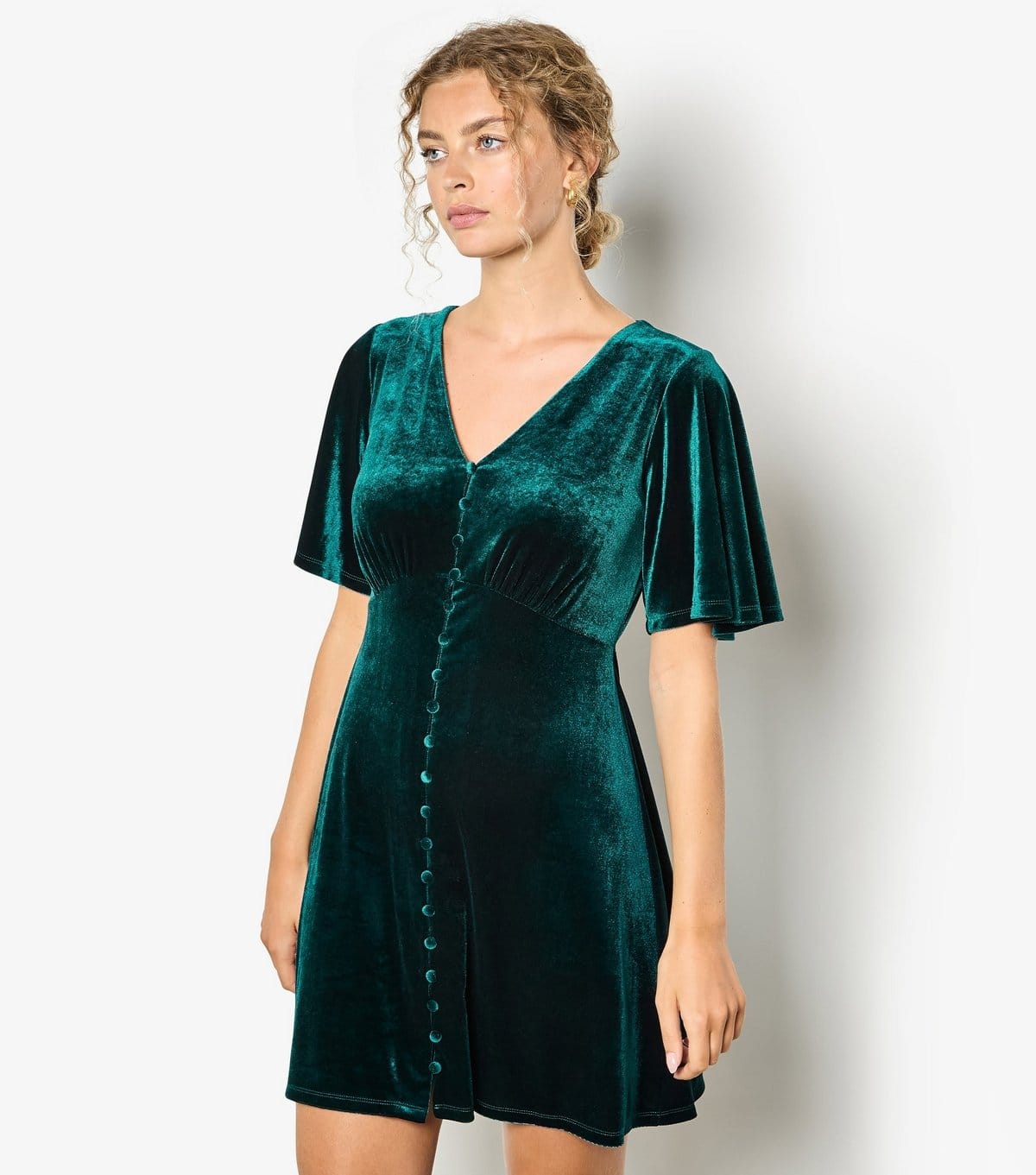 Apricot Dark Green Velvet V-Neck Mini Dress