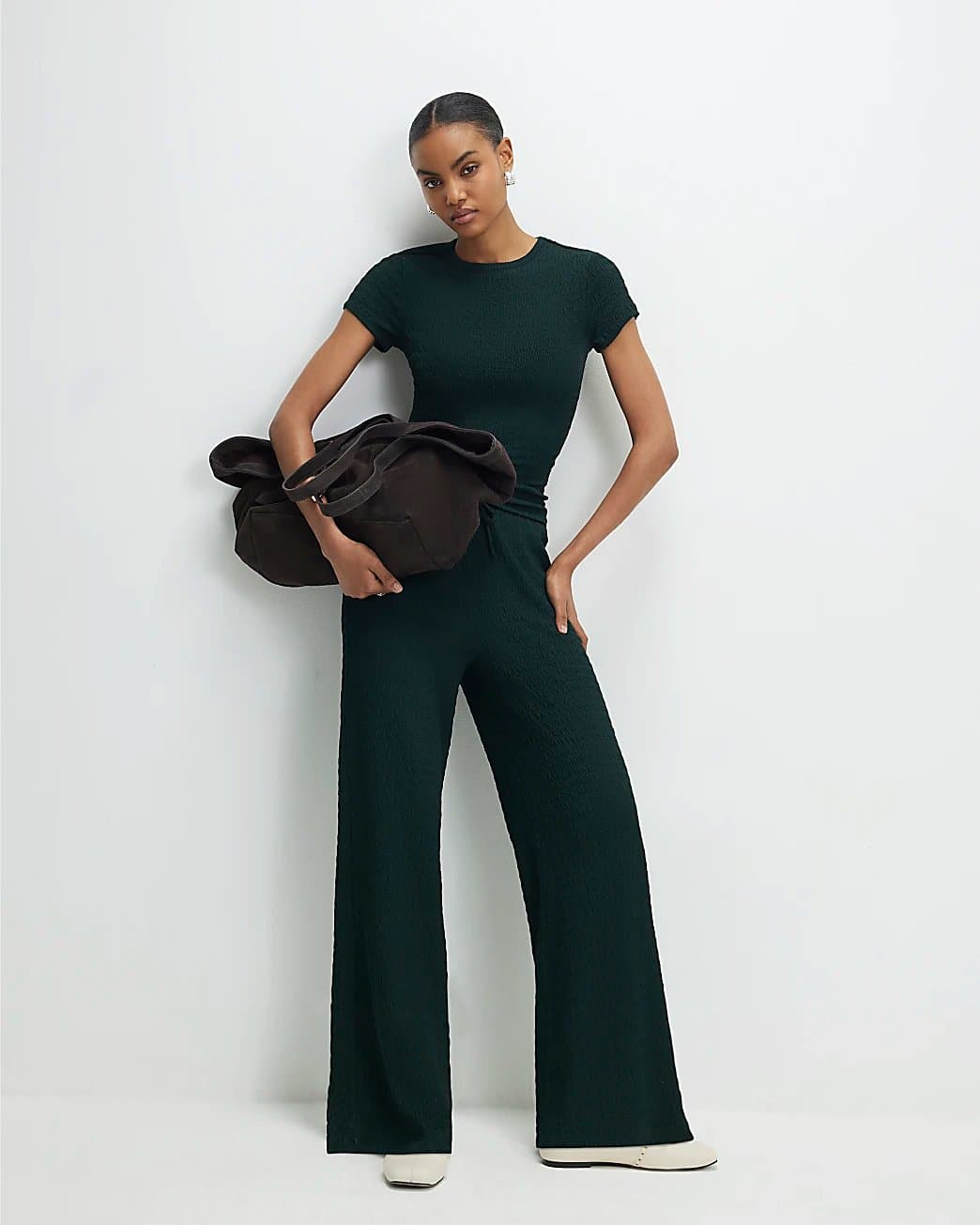 River Island River Island Womens Green Textured Wide Leg Trousers