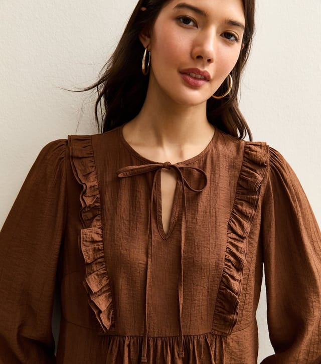 New Look Women's Mid Brown Ruffle Tie Long Sleeve Blouse New Look - 2