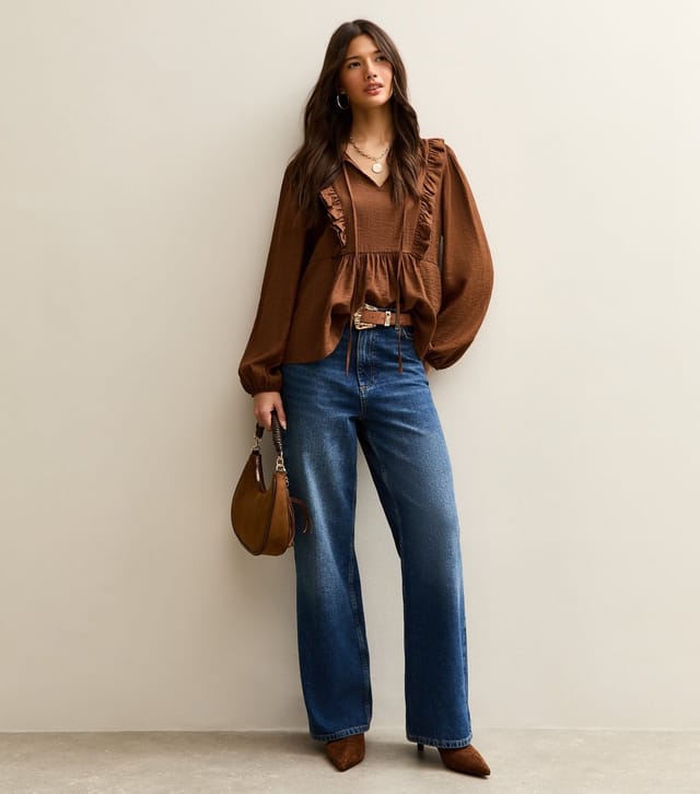 New Look Women's Mid Brown Ruffle Tie Long Sleeve Blouse New Look - 3