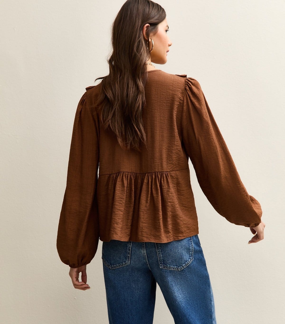 New Look Women's Mid Brown Ruffle Tie Long Sleeve Blouse New Look - 4