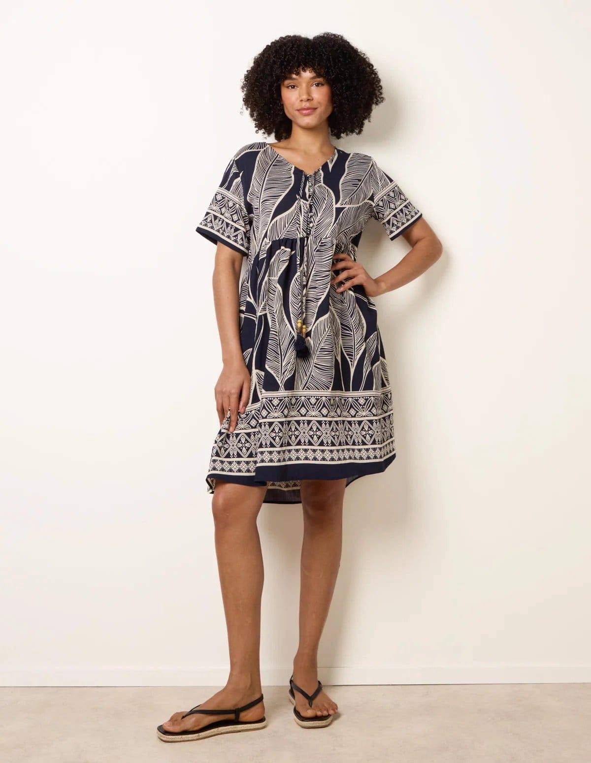 Blue Vanilla Dress With Tropical Leaf Print - 1