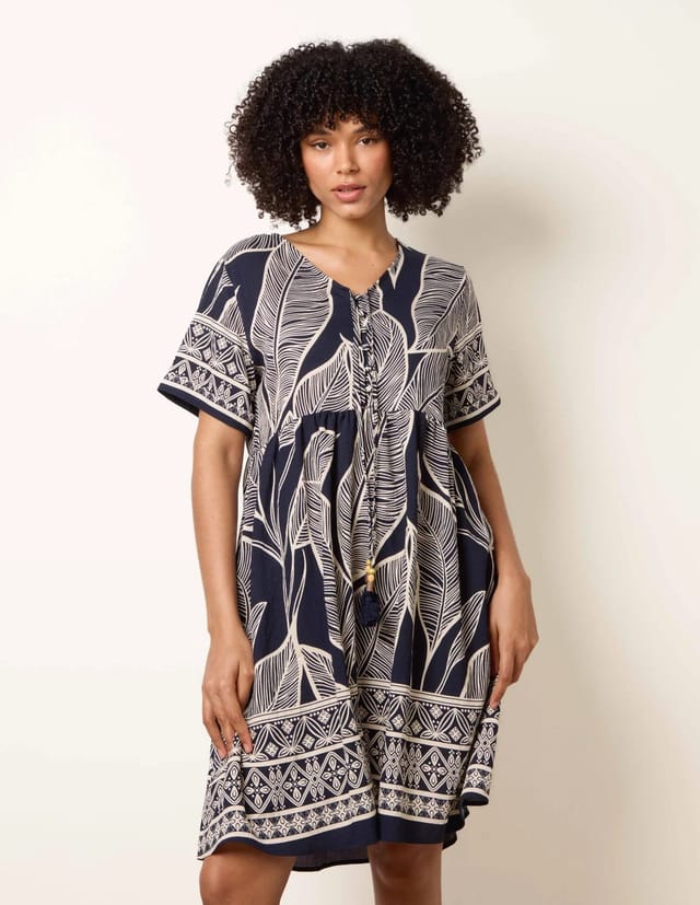 Blue Vanilla Dress With Tropical Leaf Print - 2