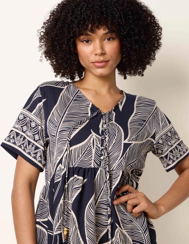 Blue Vanilla Dress With Tropical Leaf Print - 3