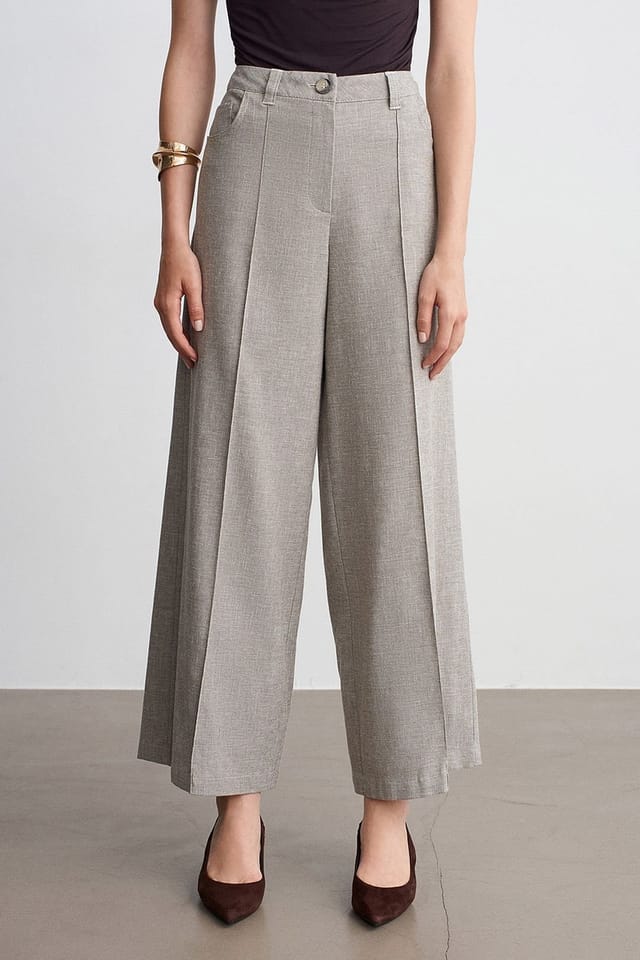 Dilvin Dilvin Women's High-Waist Wide-Leg Pleated Trousers in Light Grey - 3