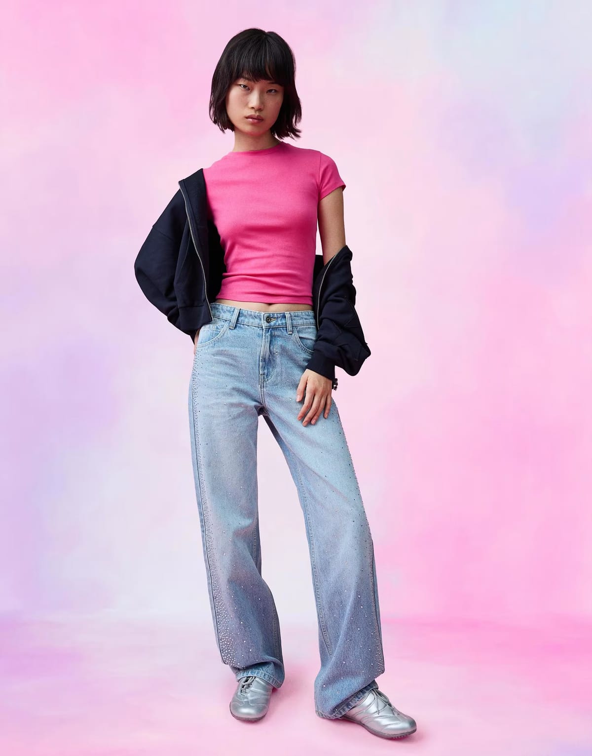ASOS Bershka High-waist shimmery straight wide-leg jeans in mid blue - 1