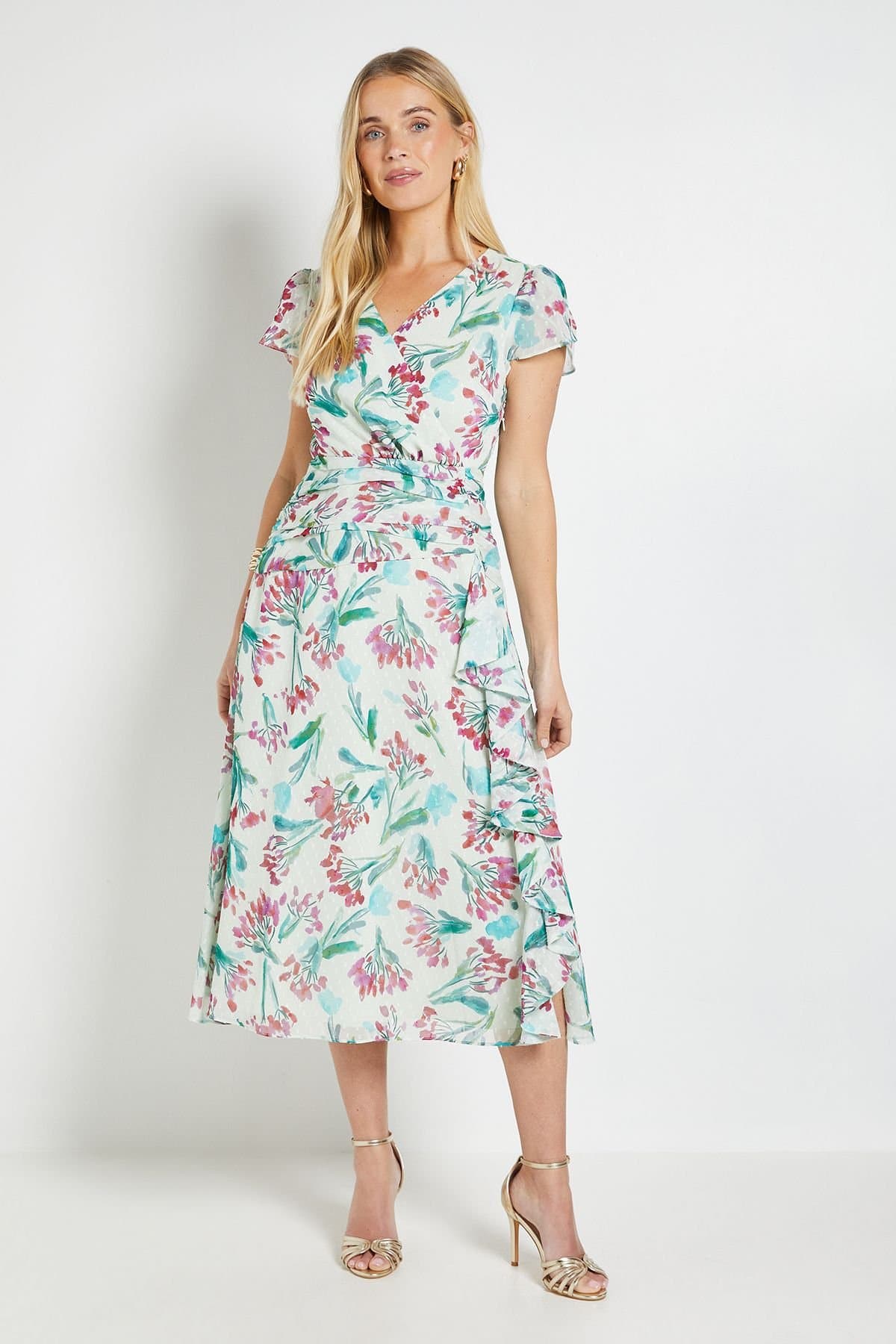 Wallis Wallis Women's Petite Floral Dobby Ruffle Midi Dress in Ivory