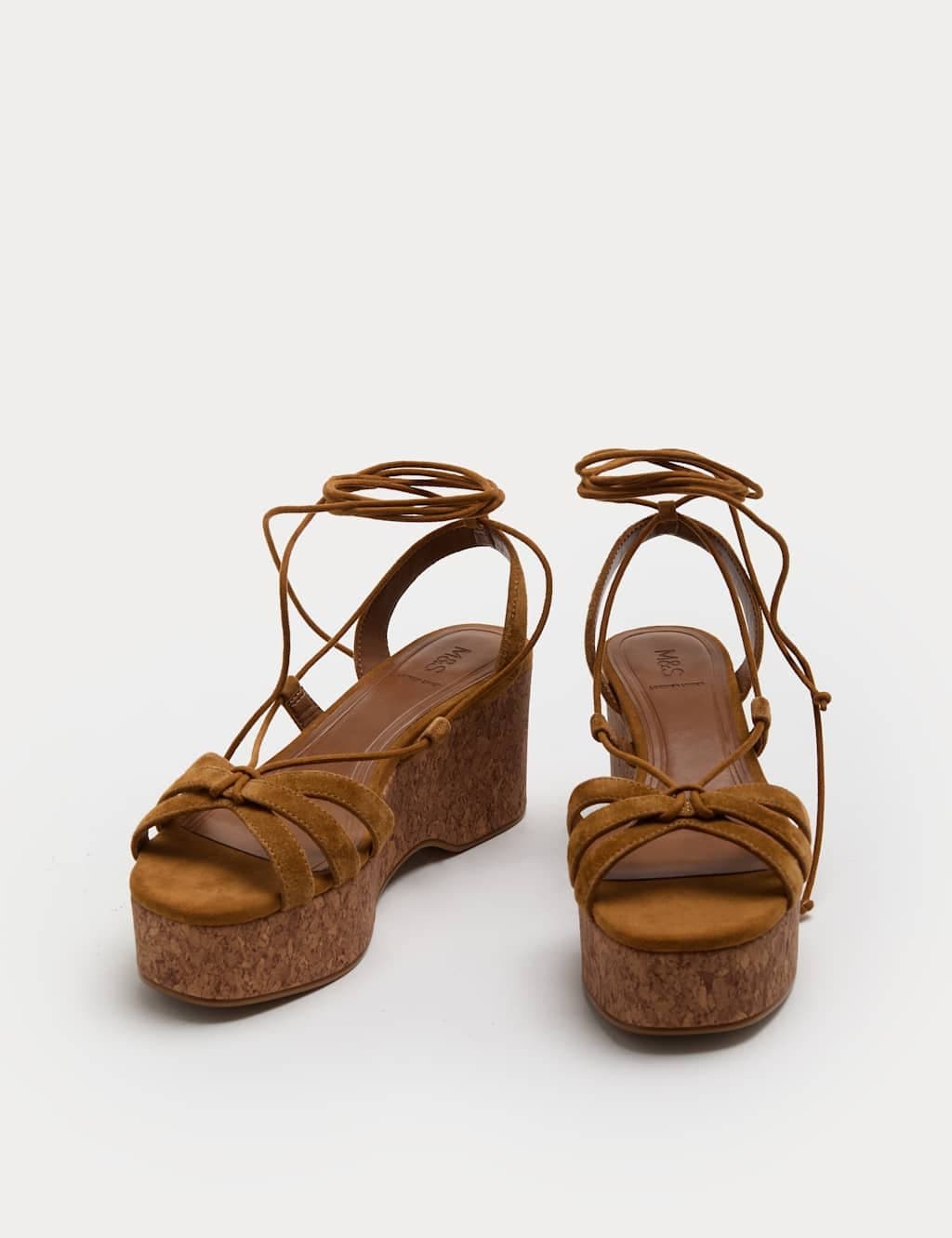 Marks & Spencer M&S Suede Ankle Tie Wedge Flatform Sandals Tan