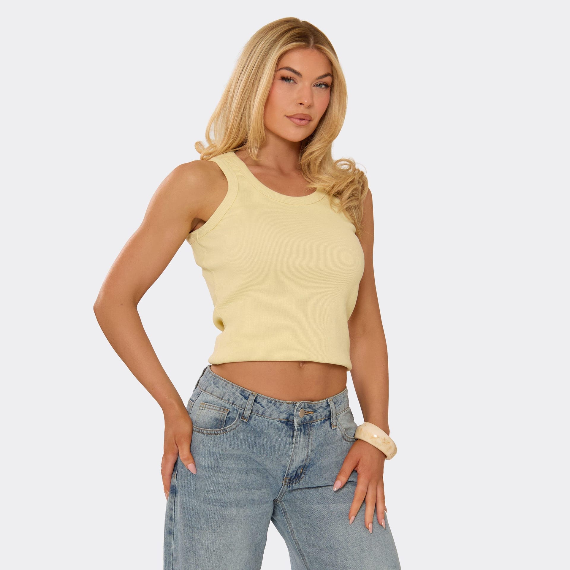 EGO Yellow Ribbed Scoop Neck Crop Vest Top
