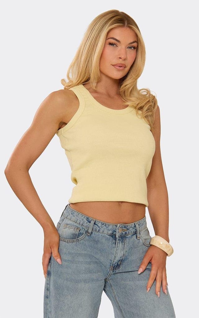 EGO Sleeveless Scoop Neck Crop Vest Top In Lemon Ribbed, Women's Size UK 6 - 2