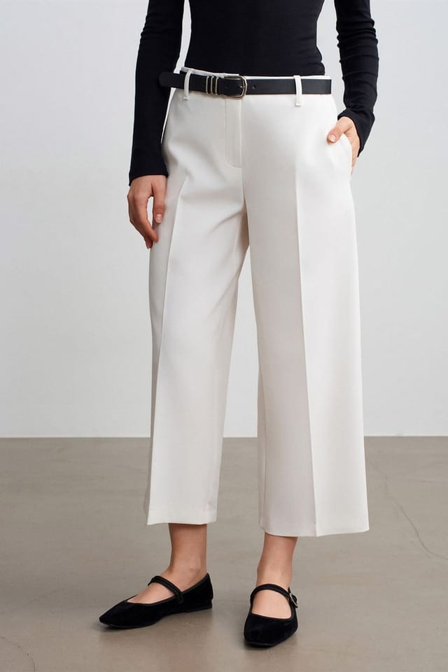 Dilvin Dilvin Women's High-Waist Belted Crepe Culottes in Off-White - 3