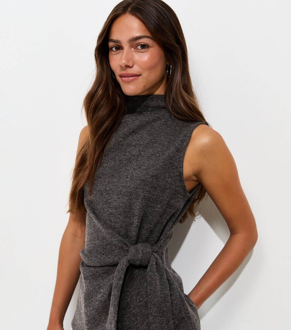 New Look Women's Petite Dark Grey Soft Touch Sleeveless Tie Waist Top New Look