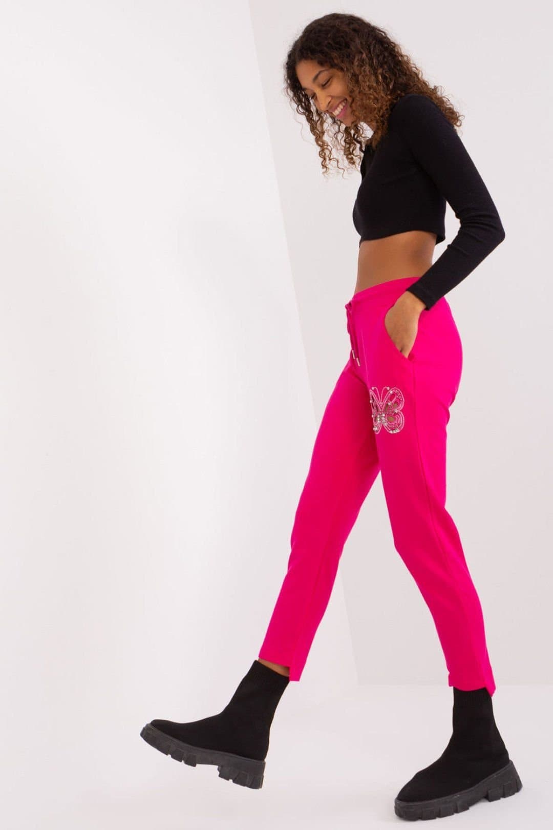 Love Lace Love Lace Women's Cotton Rhinestone Butterfly Sweatpants Trousers in Bright Pink