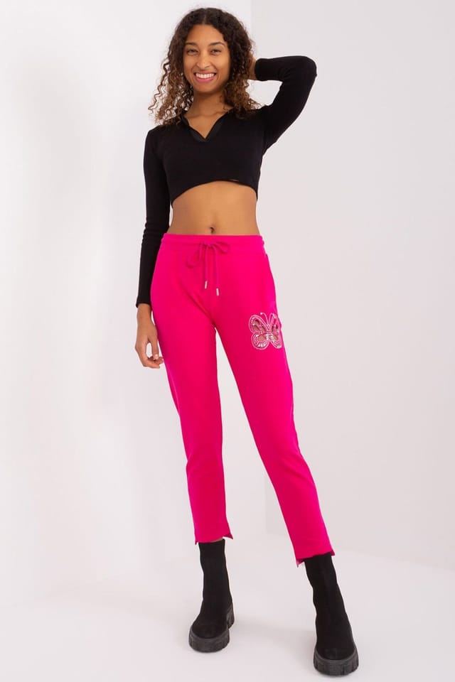 Love Lace Love Lace Women's Cotton Rhinestone Butterfly Sweatpants Trousers in Bright Pink - 3