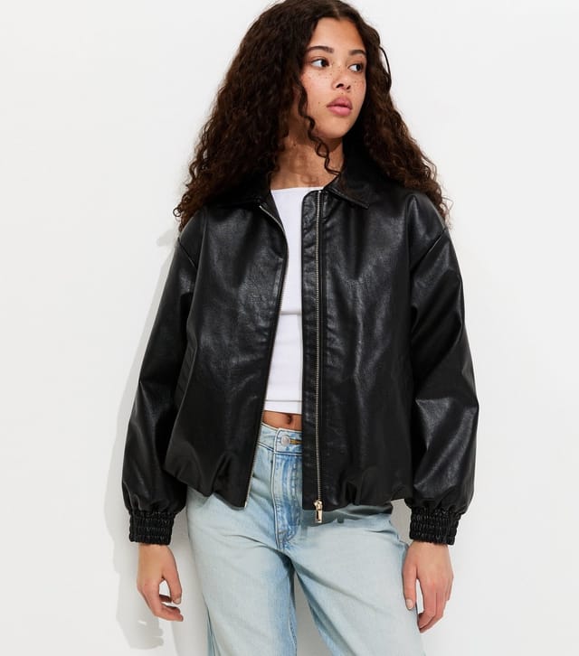 New Look Girls' Black Faux Leather Bubble Hem Bomber Jacket New Look - 2