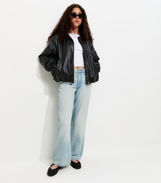 New Look Girls' Black Faux Leather Bubble Hem Bomber Jacket New Look - 3