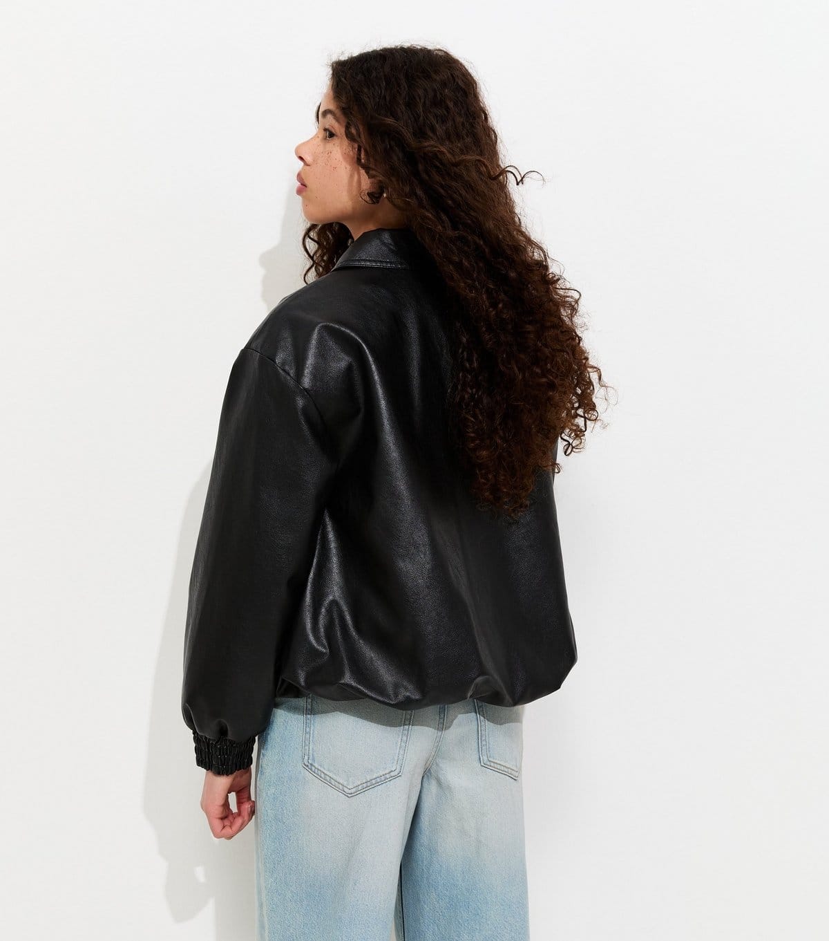 New Look Girls' Black Faux Leather Bubble Hem Bomber Jacket New Look - 4