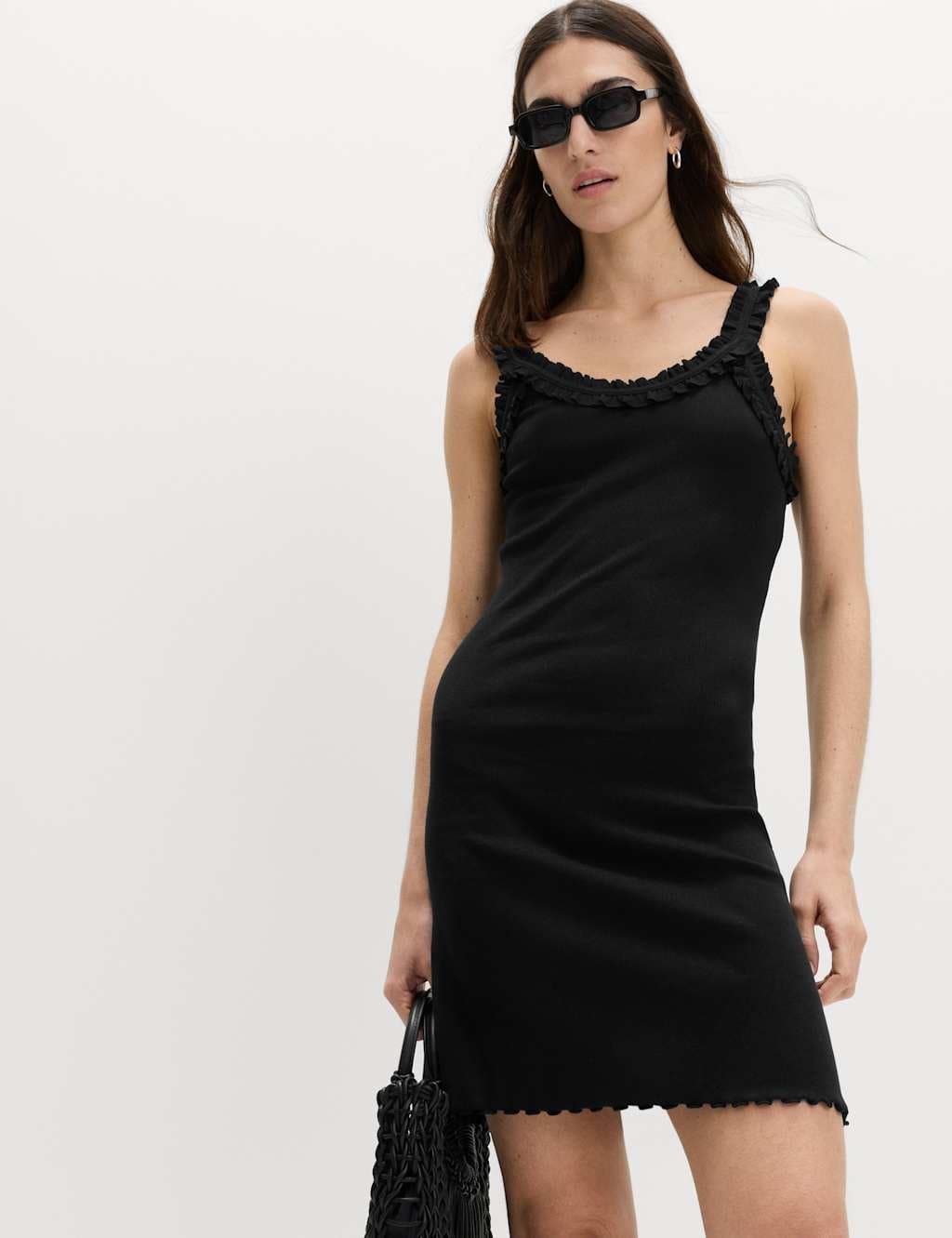 Marks & Spencer M&S Cotton Rich Ribbed Ruffle Mini Slip Dress Black