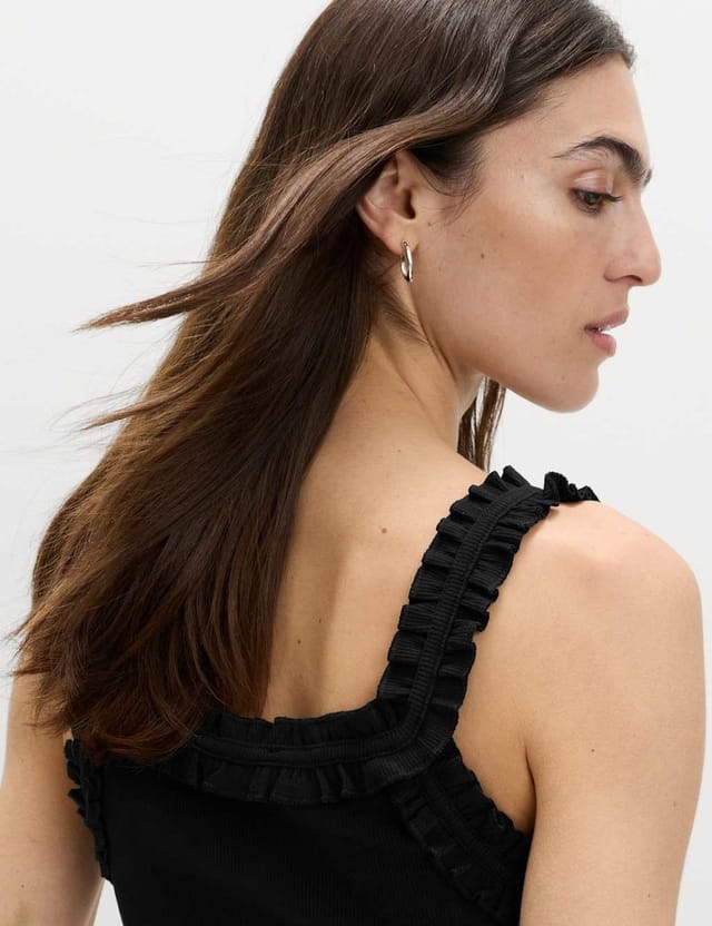 Marks & Spencer M&S Cotton Rich Ribbed Ruffle Mini Slip Dress Black - 3