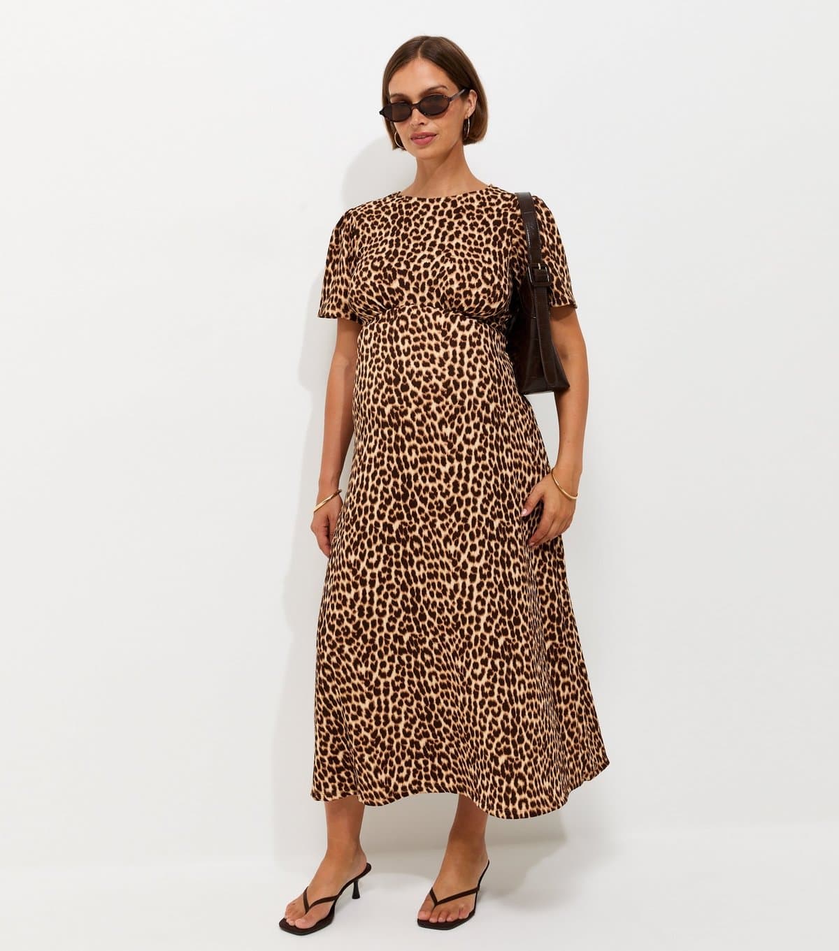 New Look Women's Maternity Brown Leopard Print Crinkle Texture Midi Dress New Look