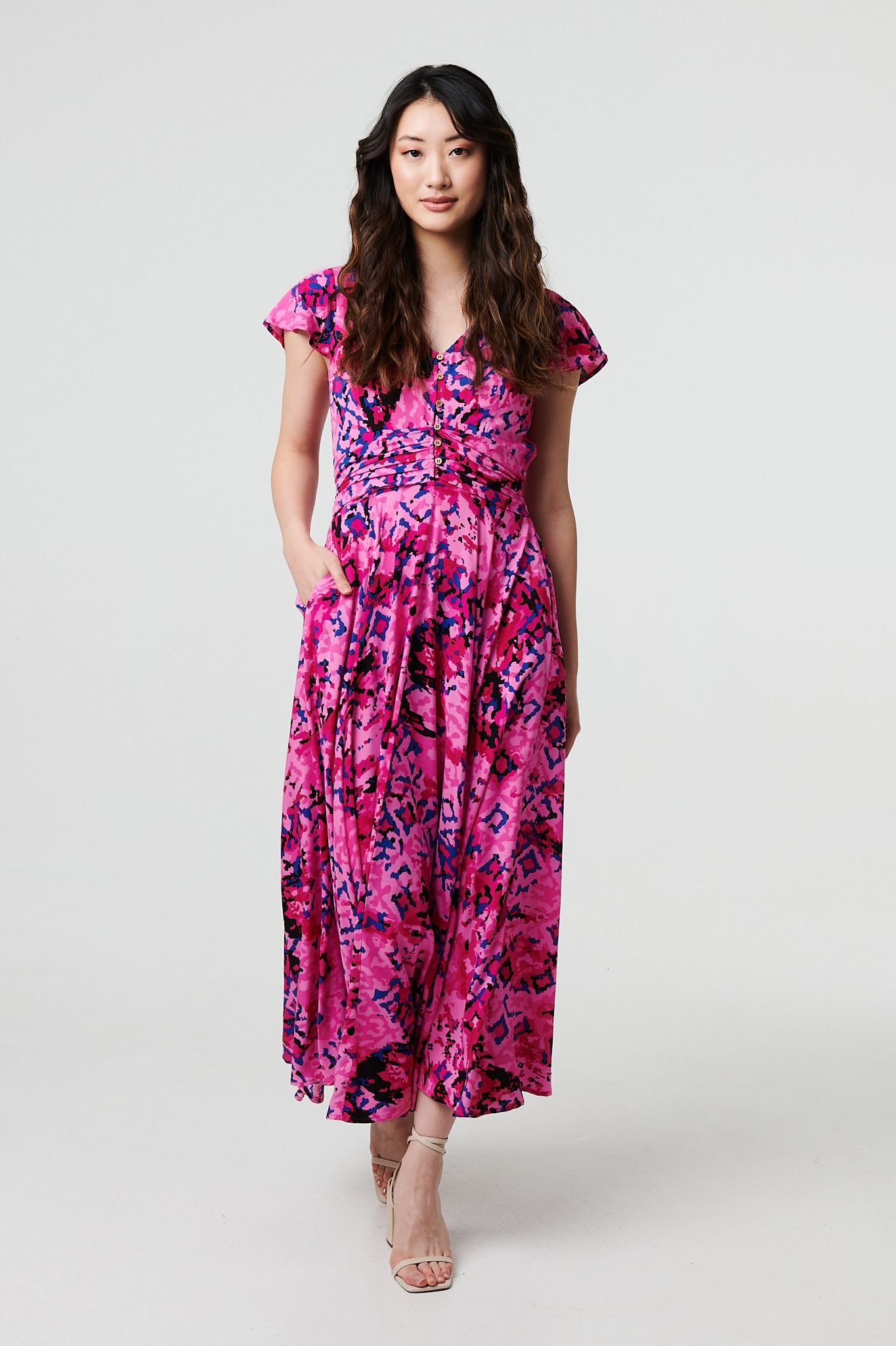 Izabel London Izabel London Women's Abstract Ruched Waist Cap Sleeve Maxi Dress in Pink - 2