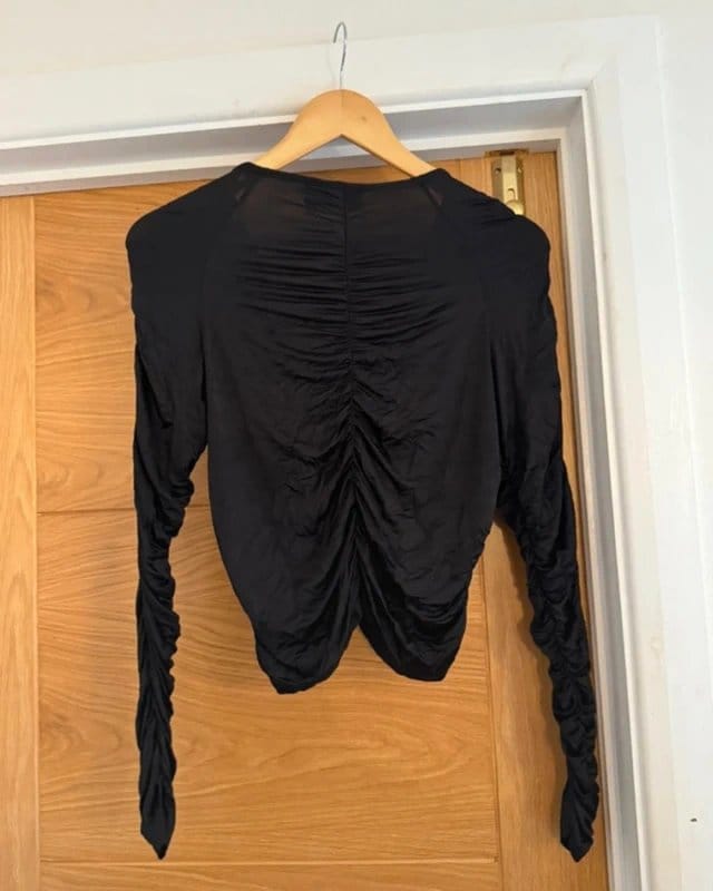 Weekday Veronique Black Slinky Ruched Long Sleeve V-Neck Top