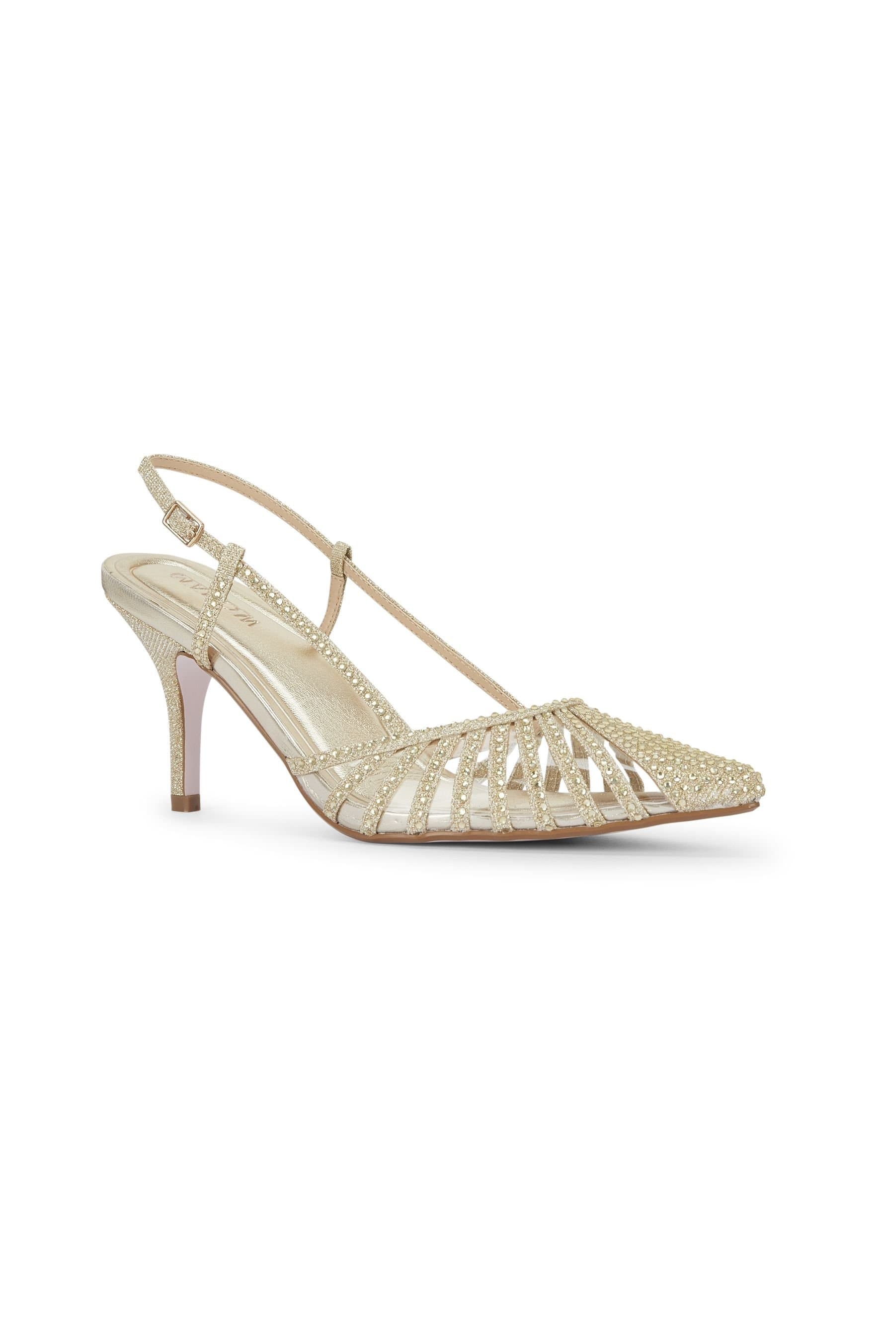 MALOW LONDON MALOW LONDON Women's Selena Slingback Heels Buckle PU/Patent Pointed Toe Stiletto Shoes in Gold