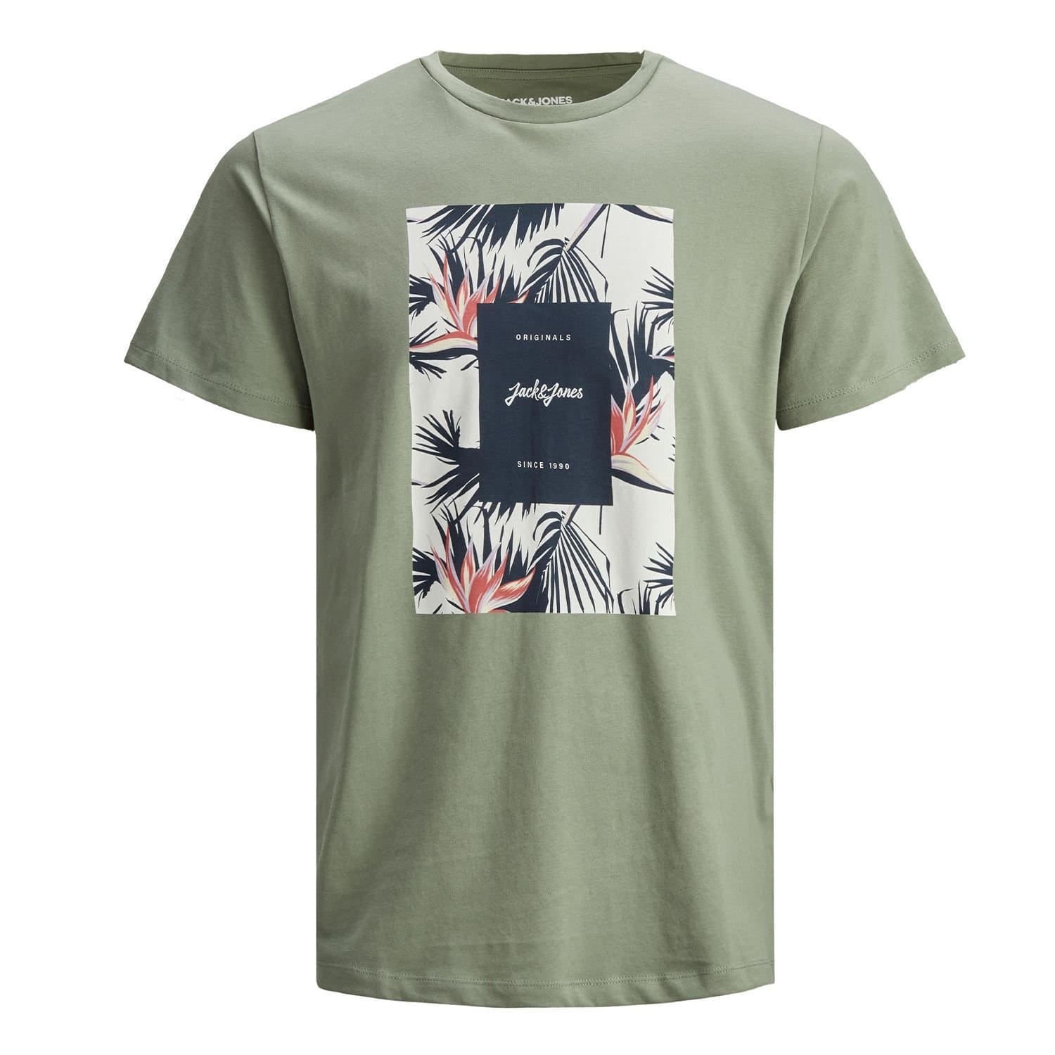 jack & jones Jack & Jones Men's Floral Logo T-Shirt Cotton Crew Neck Casual Tee, Sea Spray in Olive