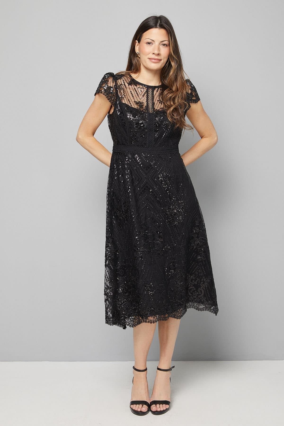 Wallis Wallis Women's Embroidered Mesh Fit & Flare Midi Dress in Black