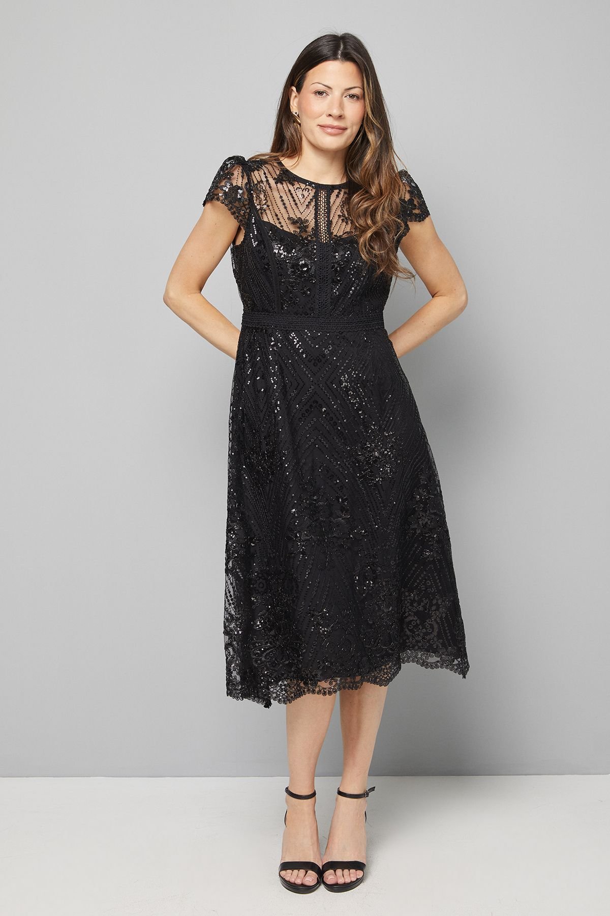 Wallis Wallis Women's Embroidered Mesh Fit & Flare Midi Dress in Black - 2