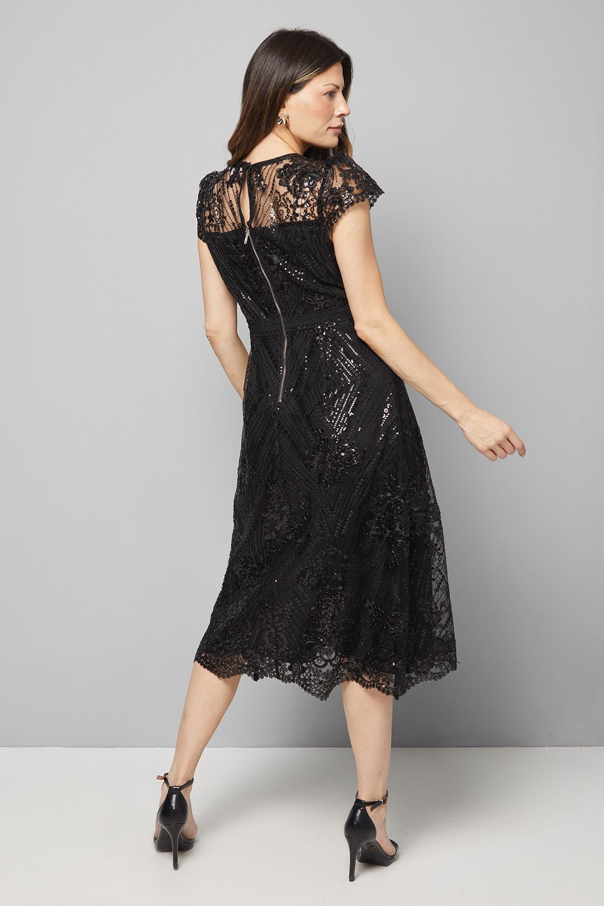 Wallis Wallis Women's Embroidered Mesh Fit & Flare Midi Dress in Black - 3