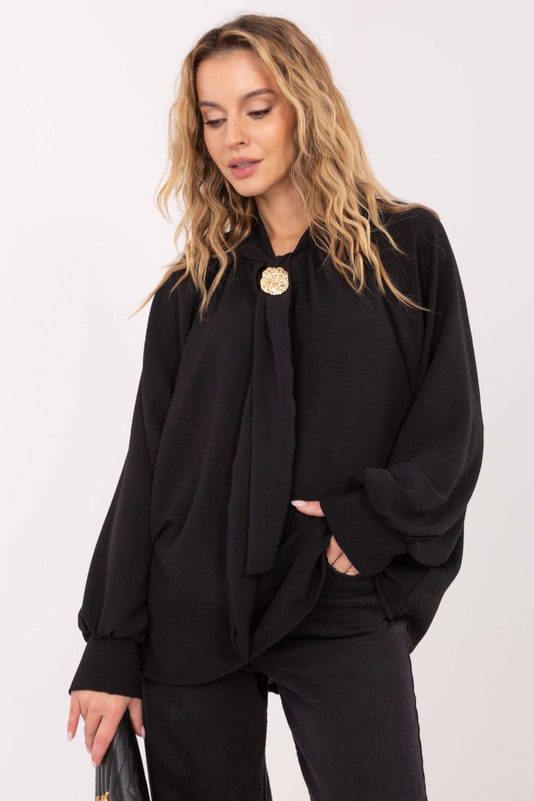 Love Lace Love Lace Women's Viscose Tie Neck Puff Sleeve Blouse Style 221063 in Black