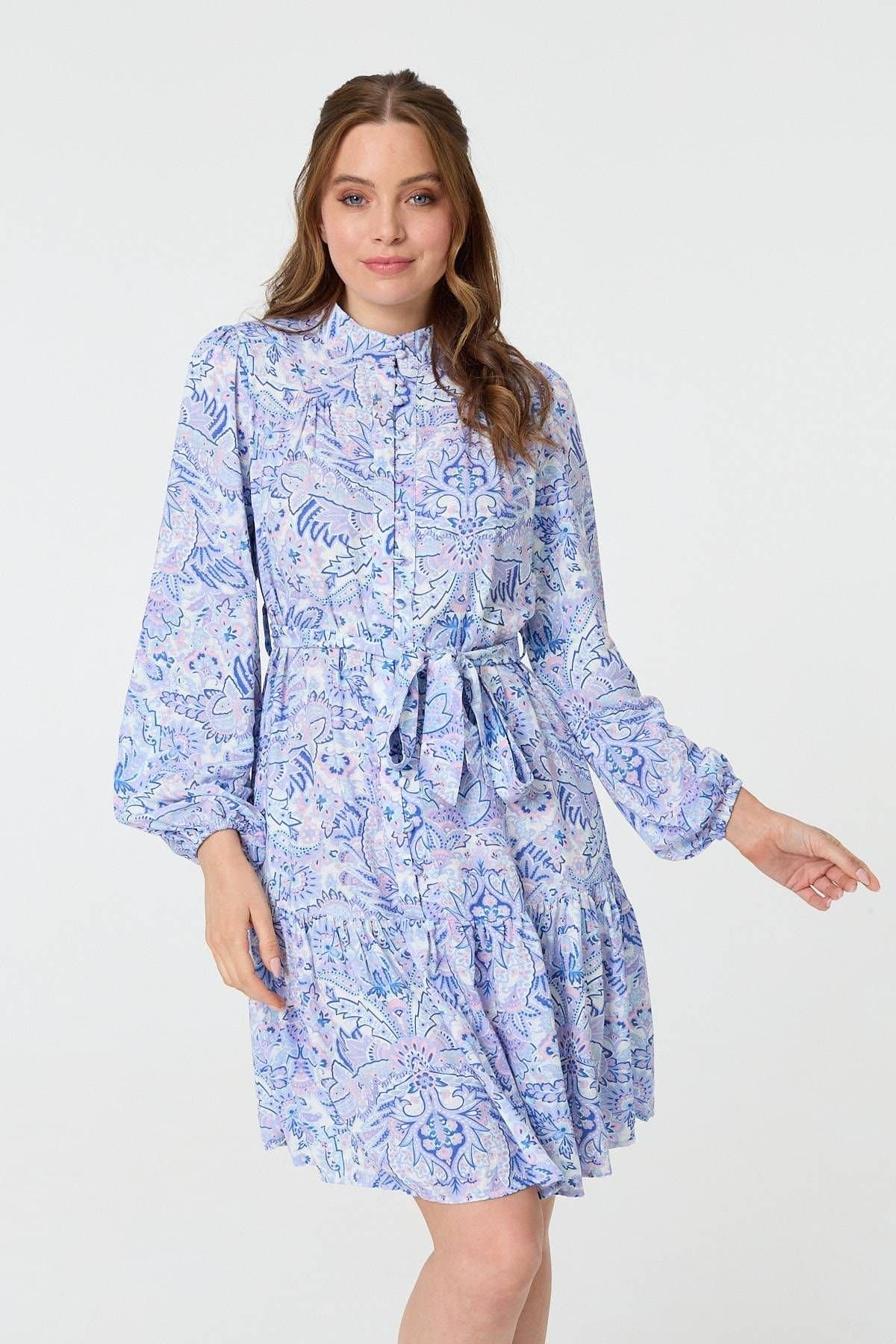 Izabel London Izabel London Women's Printed High Neck Short Shirt Dress in Blue