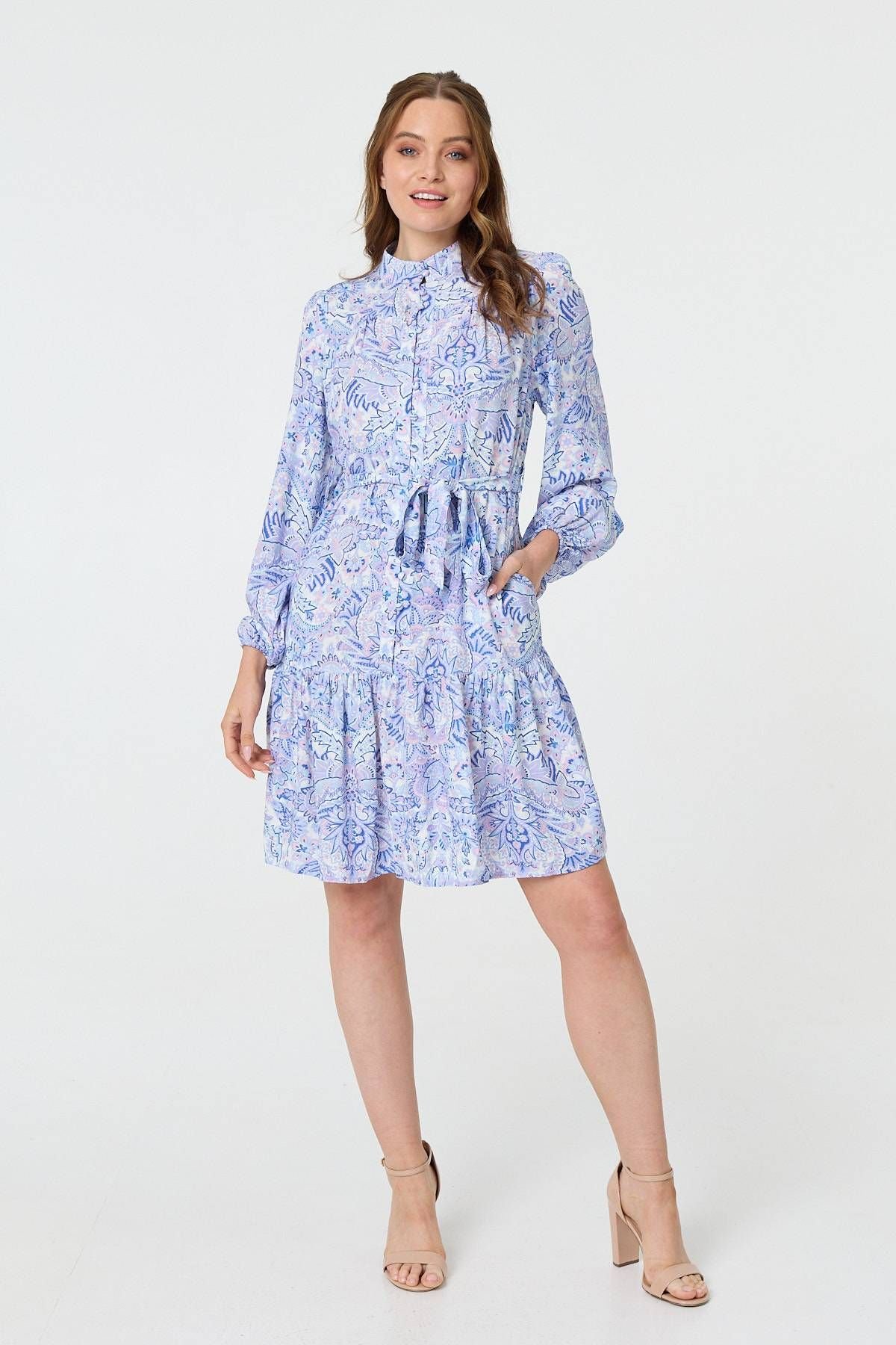 Izabel London Izabel London Women's Printed High Neck Short Shirt Dress in Blue - 4