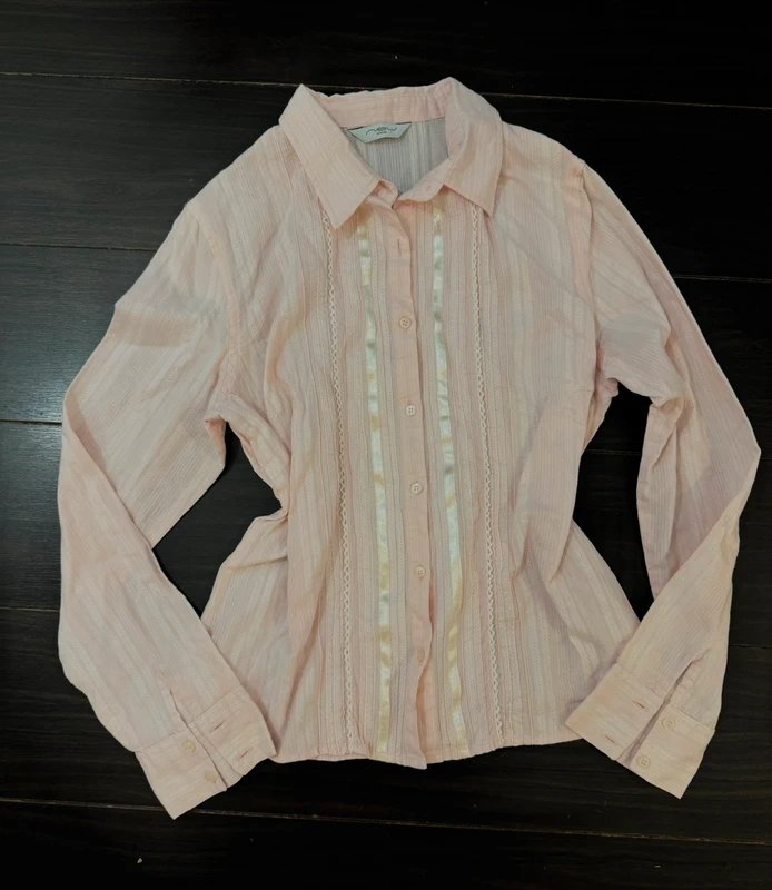 New Look Vintage old new look babypink button up striped embroidered shirt - 1