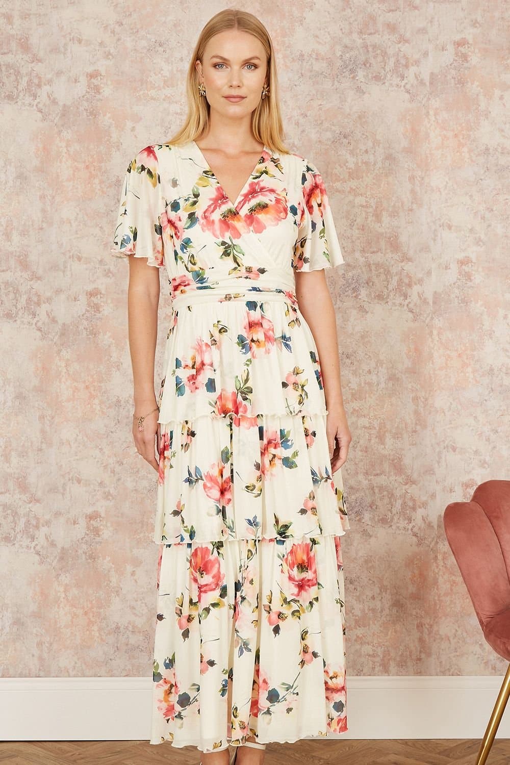 Yumi Yumi Women's Ivory Floral Mesh Tiered Maxi Dress