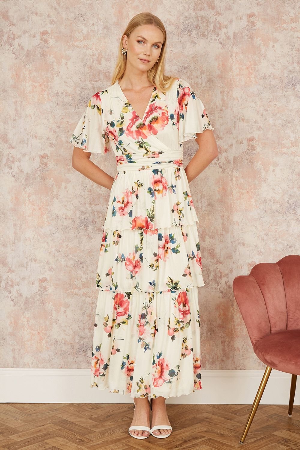 Yumi Yumi Women's Ivory Floral Mesh Tiered Maxi Dress - 2