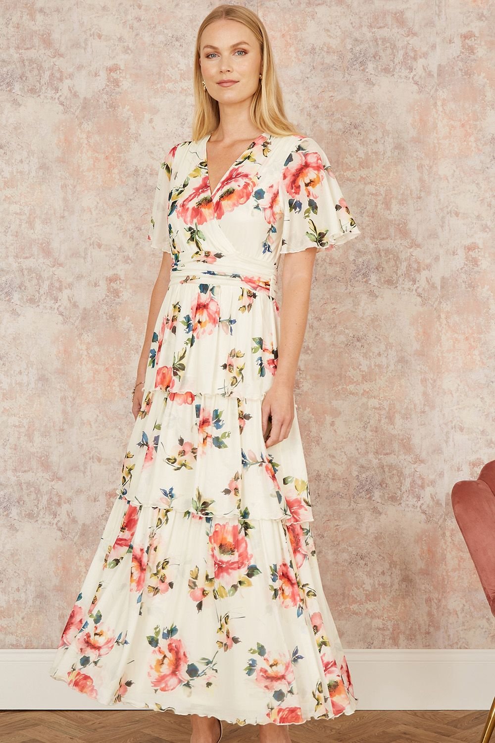 Yumi Yumi Women's Ivory Floral Mesh Tiered Maxi Dress - 4