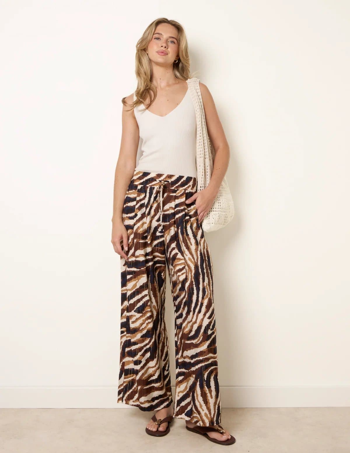 Blue Vanilla Tiger Print Drawstring Wide Leg Trousers