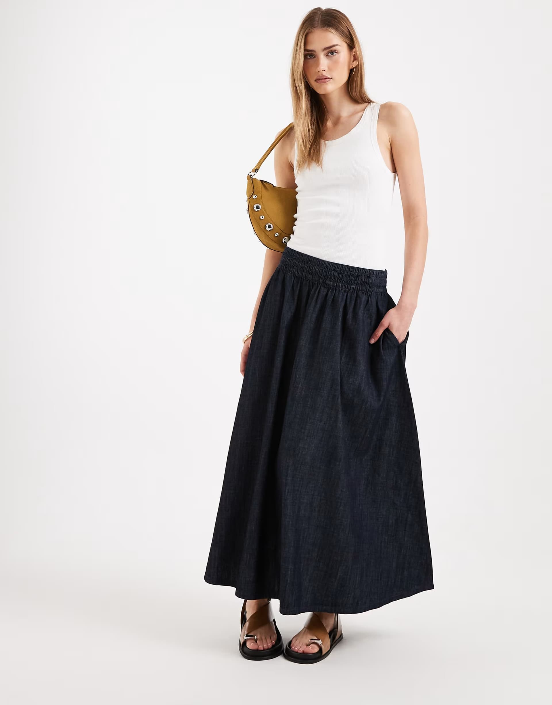 ASOS New Look shirred waist denim midi skirt in indigo