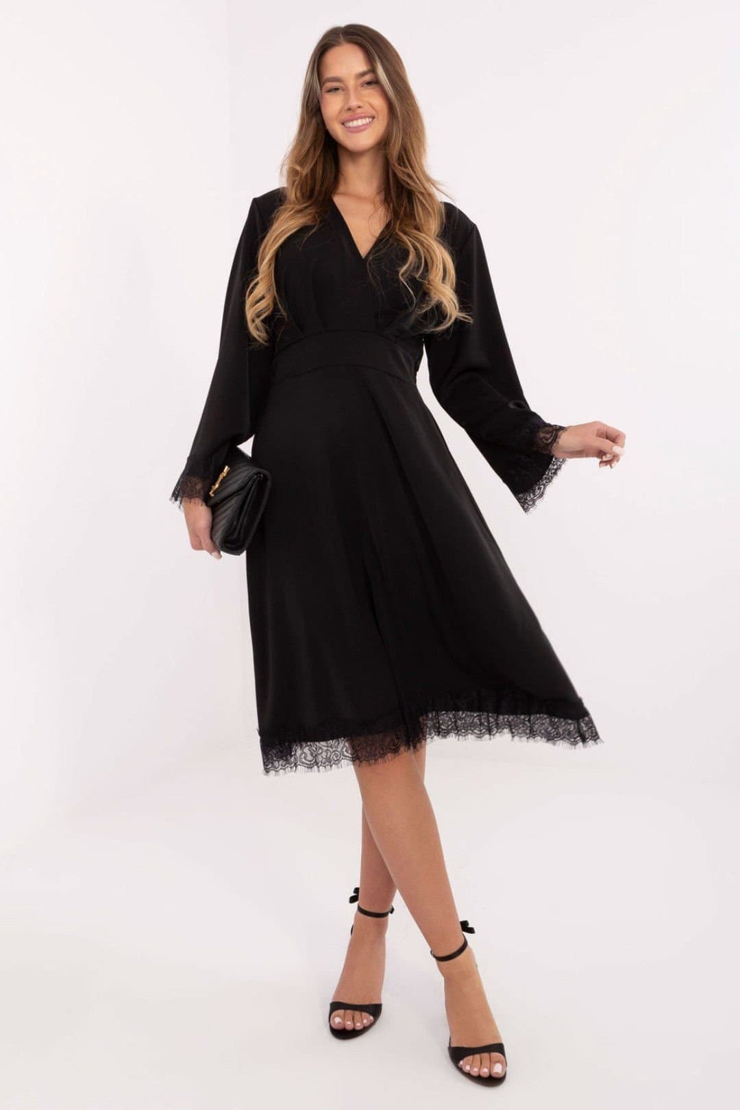 Love Lace Love Lace Women's Elegant Wrap Midi Flared Cocktail Dress in Black