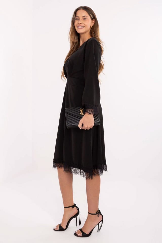 Love Lace Love Lace Women's Elegant Wrap Midi Flared Cocktail Dress in Black - 2
