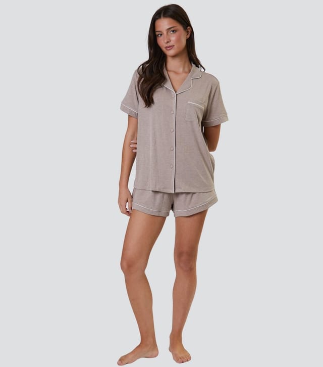Loungeable Women's Oatmeal Ribbed Shirt and Shorts Pyjama Set Loungeable New Look - 2