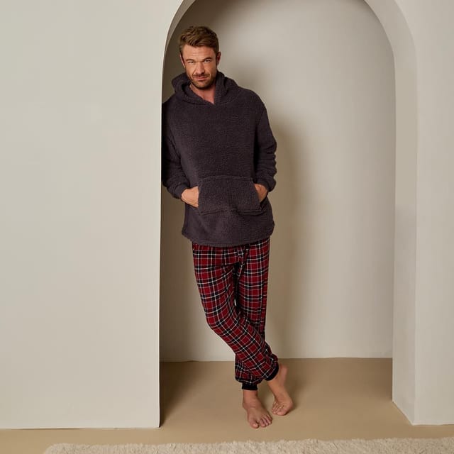 OHS OHS Men's Mens Teddy Marl Check Hoodie Pyjama Set Winter Loungewear - 2