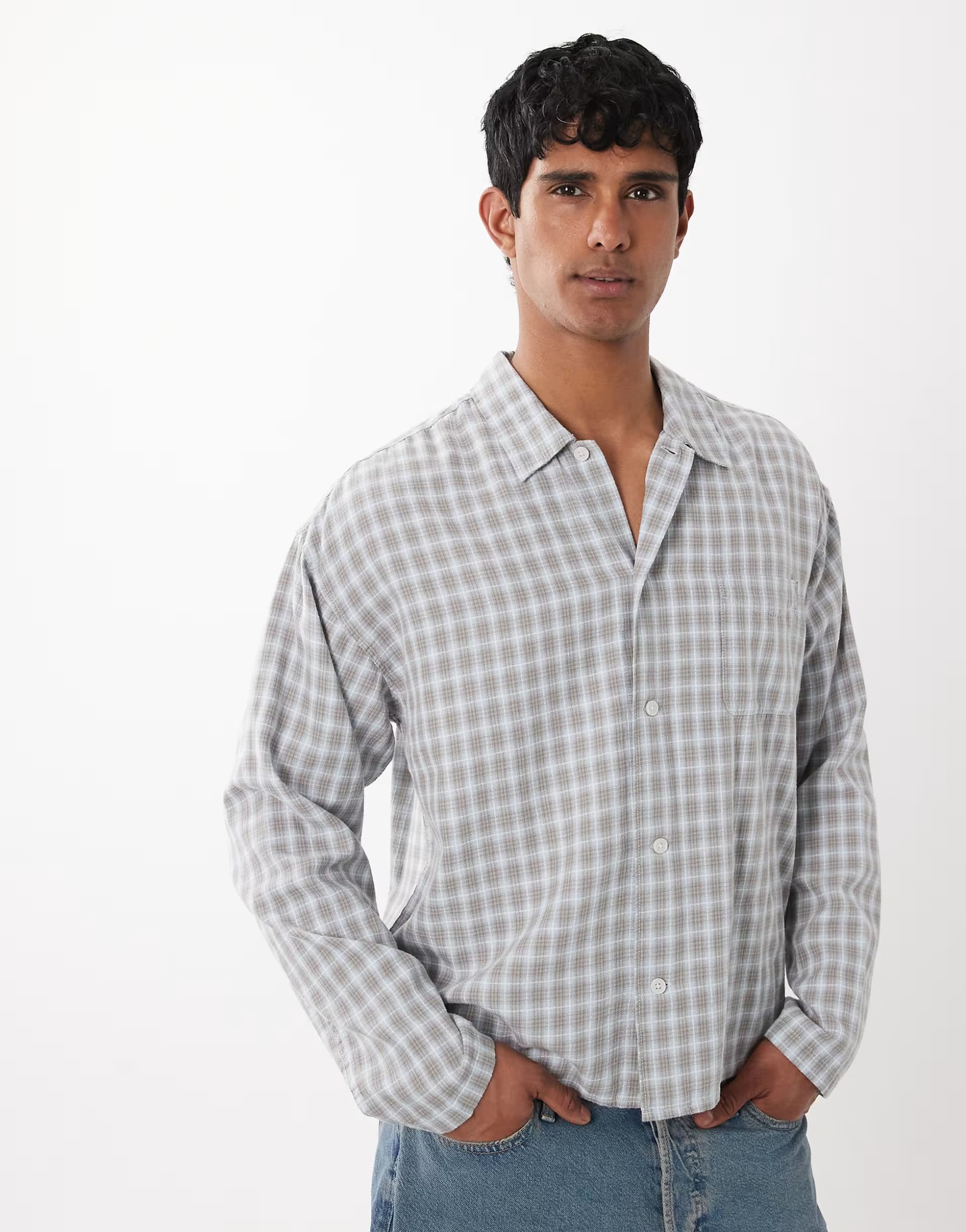ASOS Jack & Jones long sleeve cotton shirt in pale blue check