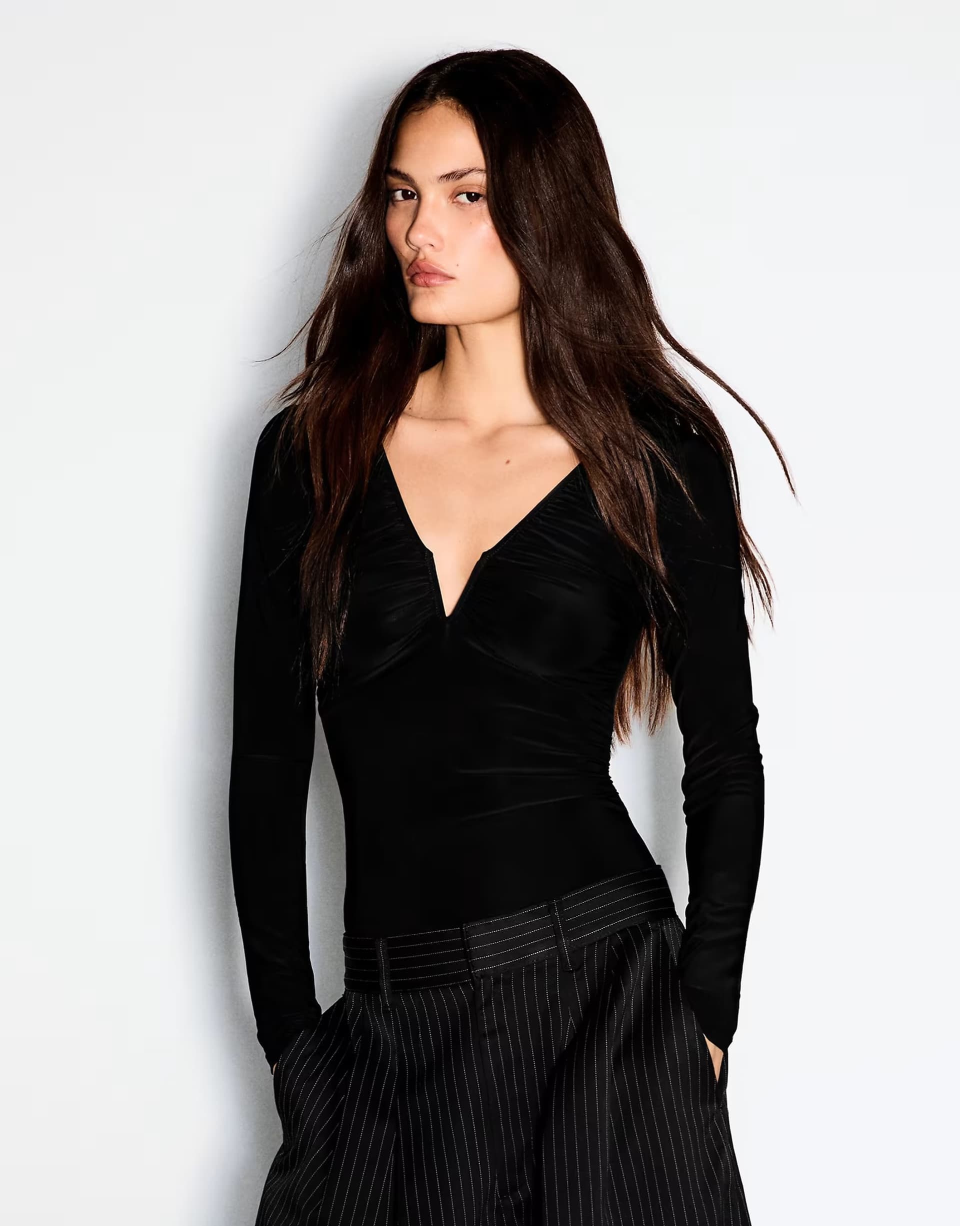 ASOS Bershka V-neck long sleeve bodysuit in black